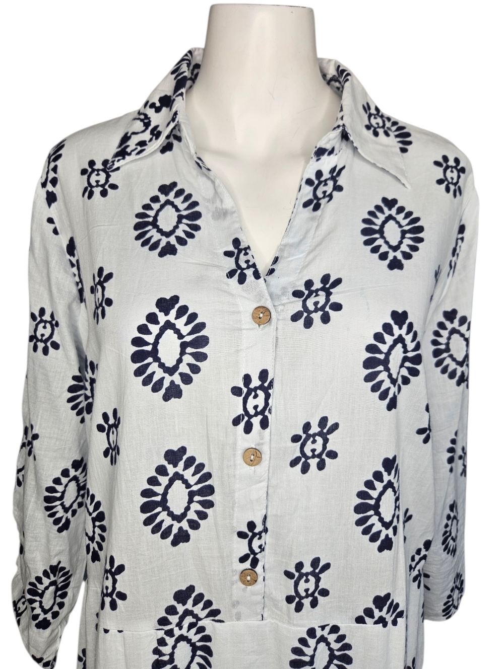 Mlle Gabrielle Blue White Boho Midi Dress Coastal Grandma Resort 3/4 Sleeve LG - Picture 3 of 12